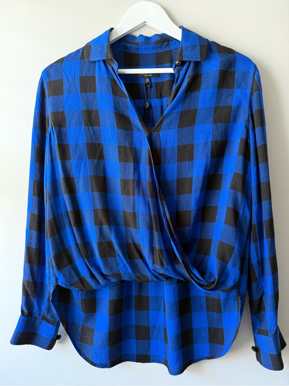 NWT Rag & Bone Camille Buffalo Check Wrap Blouse XS Blue Black